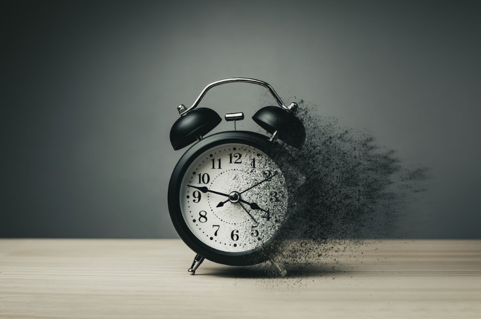 A black vintage twin-bell alarm clock sits on a light wooden surface. The right side of the clock is disintegrating into a spray of black sand-like particles that drift away into a dark, neutral background.